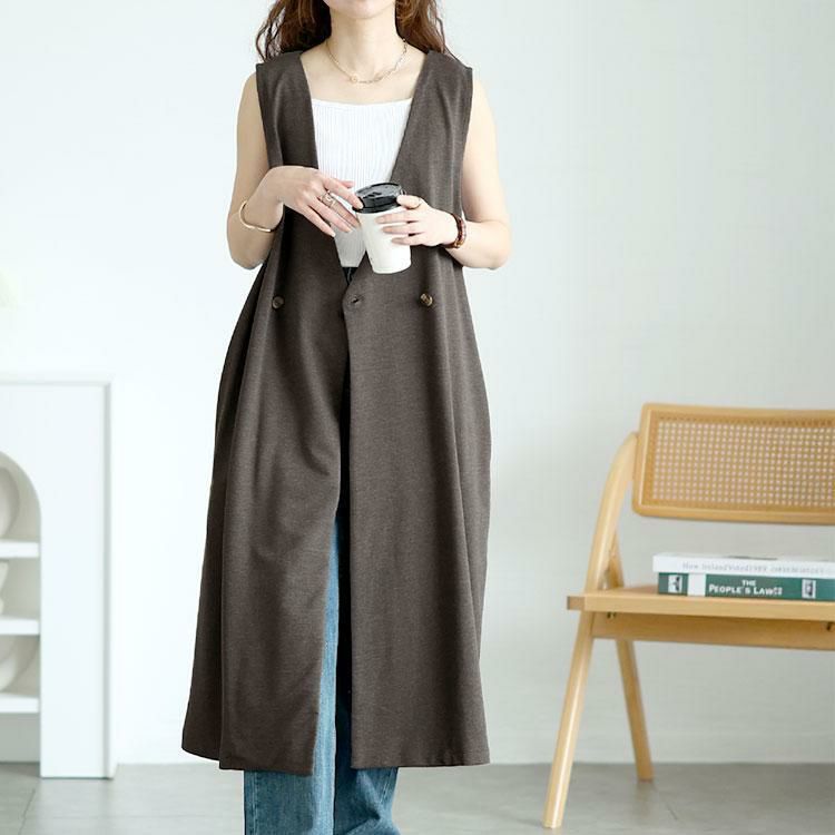 大きいサイズ レディース 深Vネックダブルボタンロングベスト　wk-0526 チャコールグレー