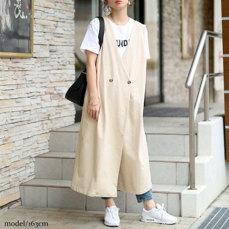 大きいサイズ レディース 深Vネックダブルボタンロングベスト　wk-0526 ライトベージュ