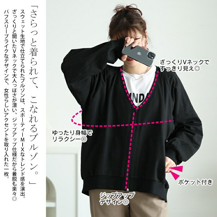 大きいサイズ レディース 深VネックコットンZIPブルゾン　wk-0522