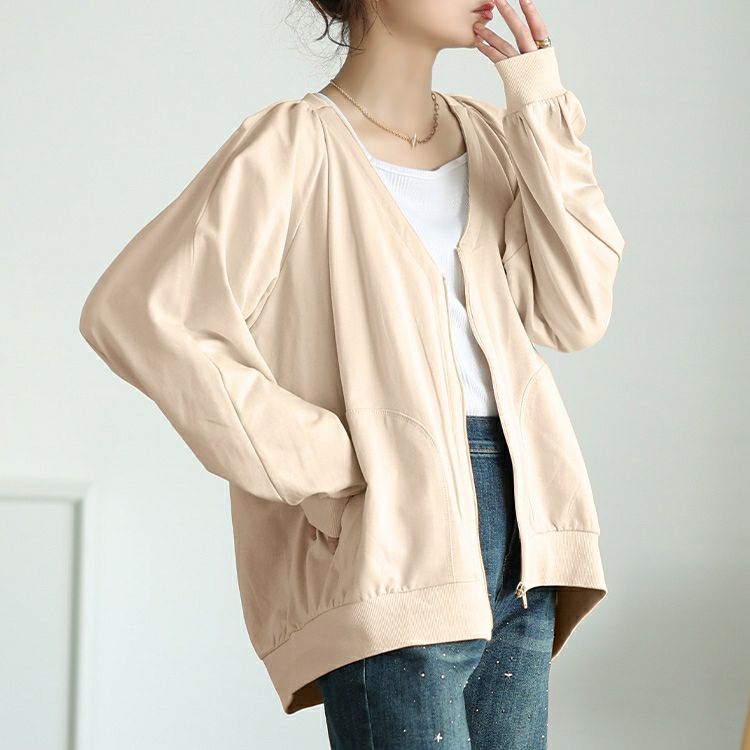 大きいサイズ レディース 深VネックコットンZIPブルゾン　wk-0522