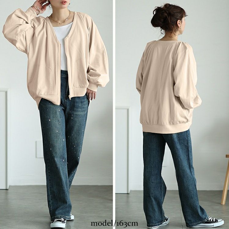 大きいサイズ レディース 深VネックコットンZIPブルゾン　wk-0522