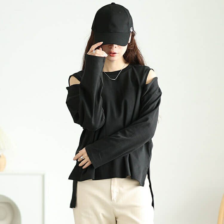 大きいサイズ レディース オープンショルダーコットンカットソー　wk-0482【メール便可】