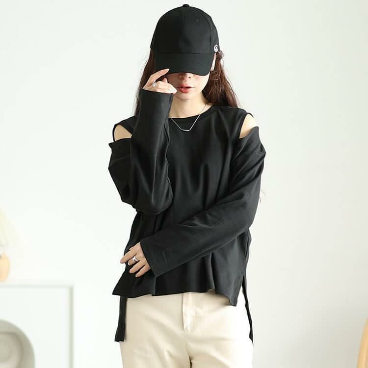 大きいサイズ レディース オープンショルダーコットンカットソー　wk-0482【メール便可】 ブラック