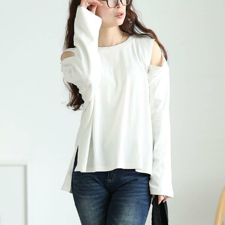 大きいサイズ レディース オープンショルダーコットンカットソー　wk-0482【メール便可】 オフホワイト