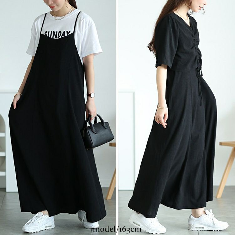 大きいサイズ レディース 前後2wayシャーリングクロップドブラウス＆キャミワンピース2点セット　maru-30148