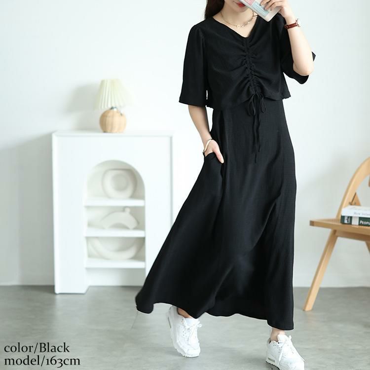 大きいサイズ レディース 前後2wayシャーリングクロップドブラウス＆キャミワンピース2点セット　maru-30148 ブラック