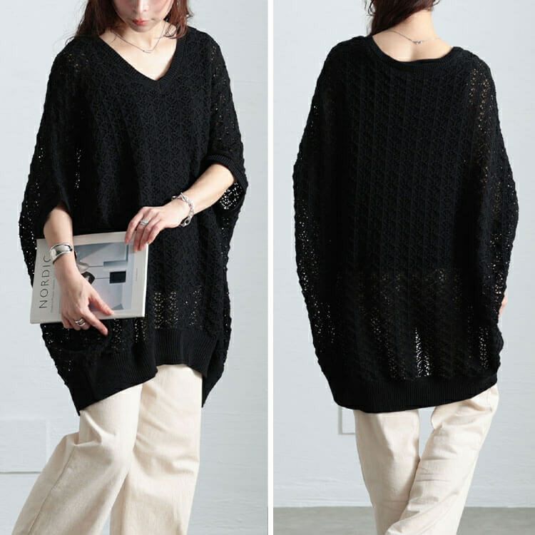 大きいサイズ レディース 透かし編みコットンドルマンチュニック　maru-20016