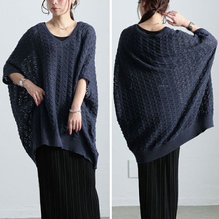 大きいサイズ レディース 透かし編みコットンドルマンチュニック　maru-20016