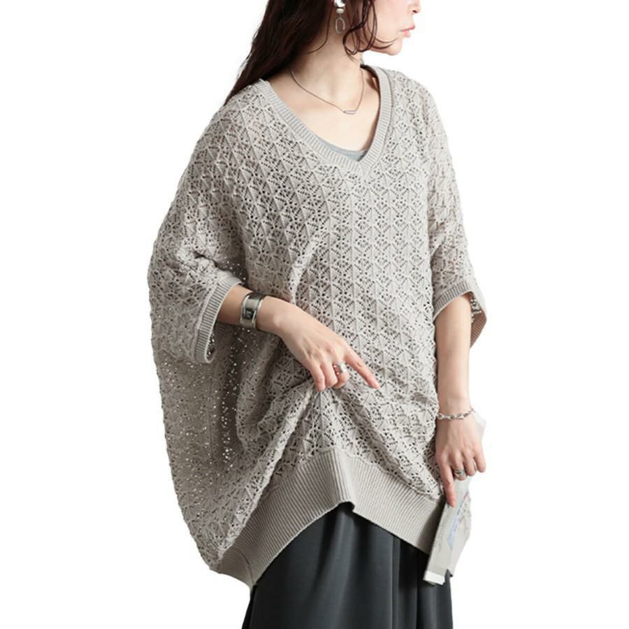 大きいサイズ レディース 透かし編みコットンドルマンチュニック　maru-20016 アイスグレー