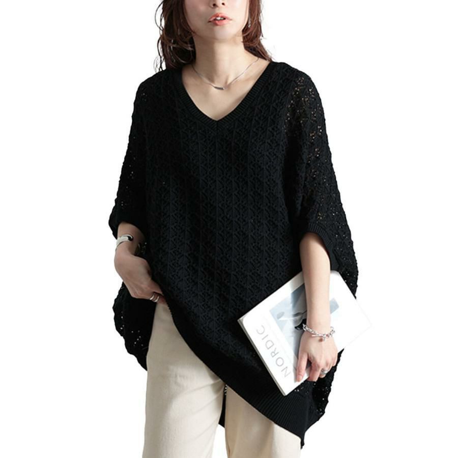 大きいサイズ レディース 透かし編みコットンドルマンチュニック　maru-20016 ブラック