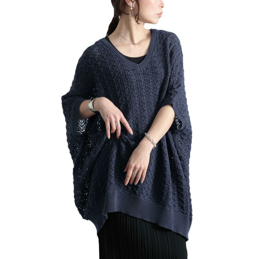 大きいサイズ レディース 透かし編みコットンドルマンチュニック　maru-20016 ネイビー