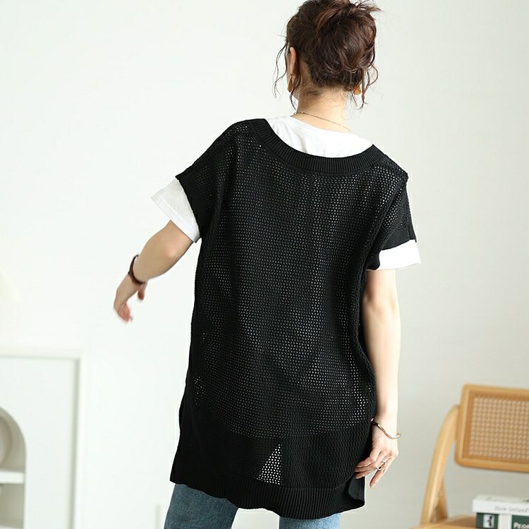 大きいサイズ レディース メッシュ編み深Vネックサイドスリットベスト　maru-20015