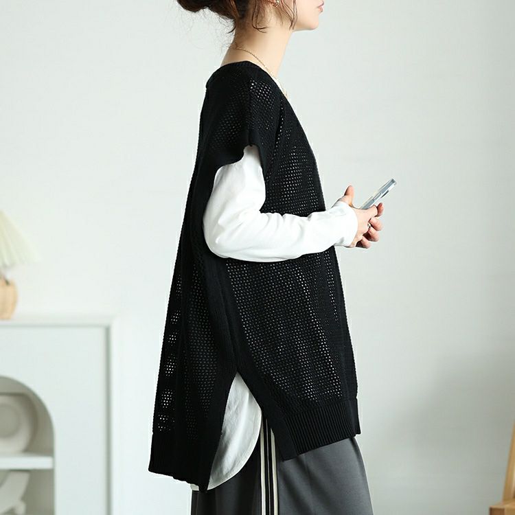 大きいサイズ レディース メッシュ編み深Vネックサイドスリットベスト　maru-20015