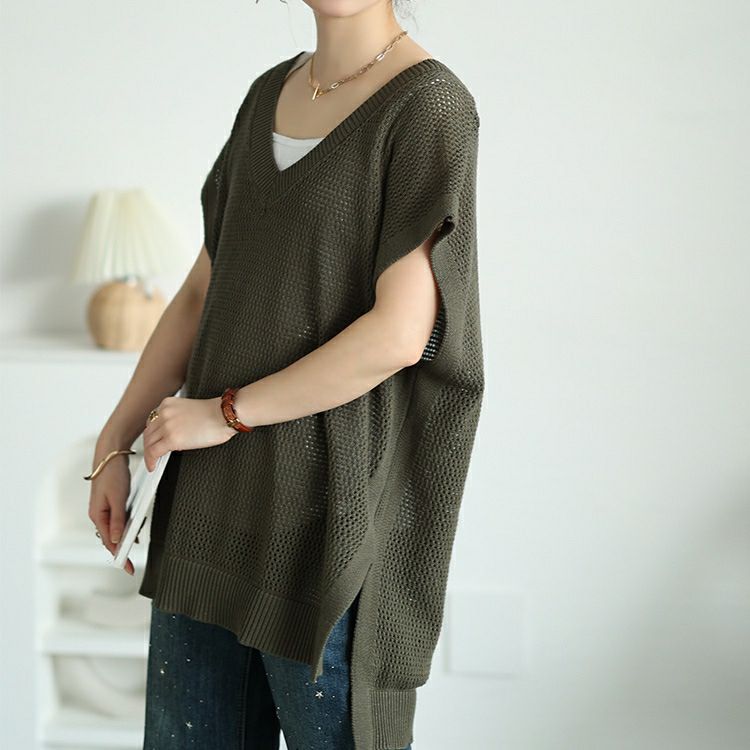 大きいサイズ レディース メッシュ編み深Vネックサイドスリットベスト　maru-20015