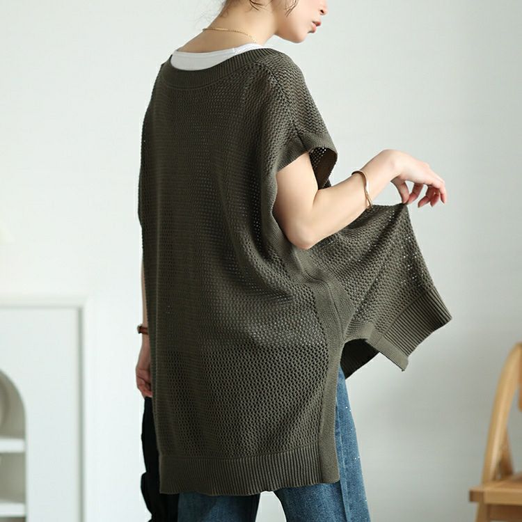 大きいサイズ レディース メッシュ編み深Vネックサイドスリットベスト　maru-20015