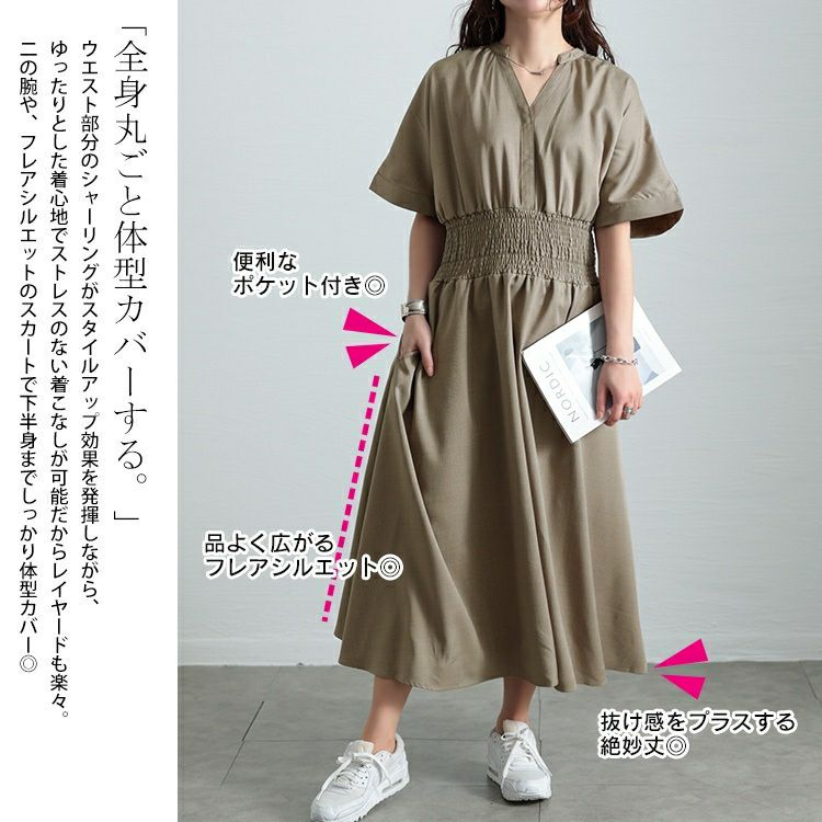 大きいサイズ レディース キーネックシャーリングワンピース　sw-0710