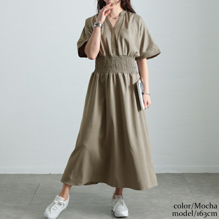 大きいサイズ レディース キーネックシャーリングワンピース　sw-0710