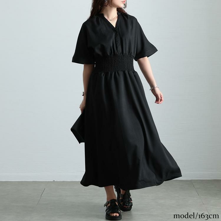 大きいサイズ レディース キーネックシャーリングワンピース　sw-0710 ブラック