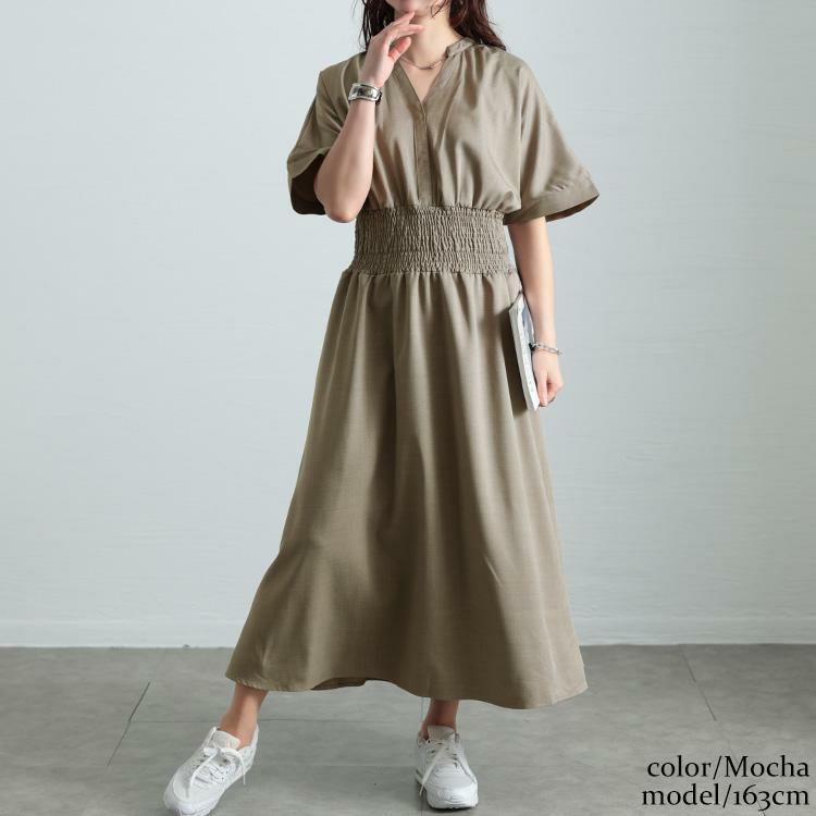 大きいサイズ レディース キーネックシャーリングワンピース　sw-0710 モカ