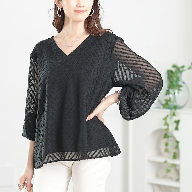 大きいサイズ レディース シアーVネックボリューム袖ブラウス　goldy-1663【メール便可】