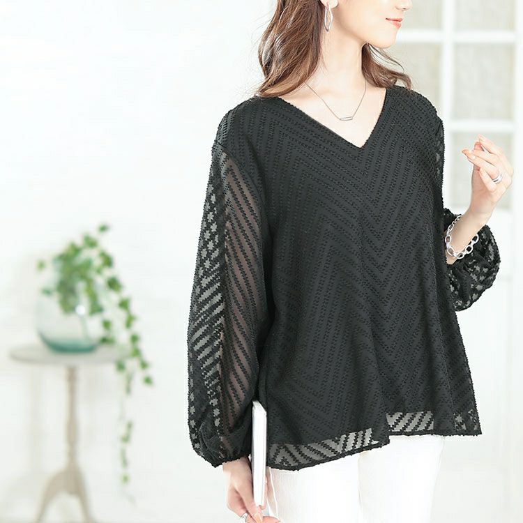 大きいサイズ レディース シアーVネックボリューム袖ブラウス　goldy-1663【メール便可】