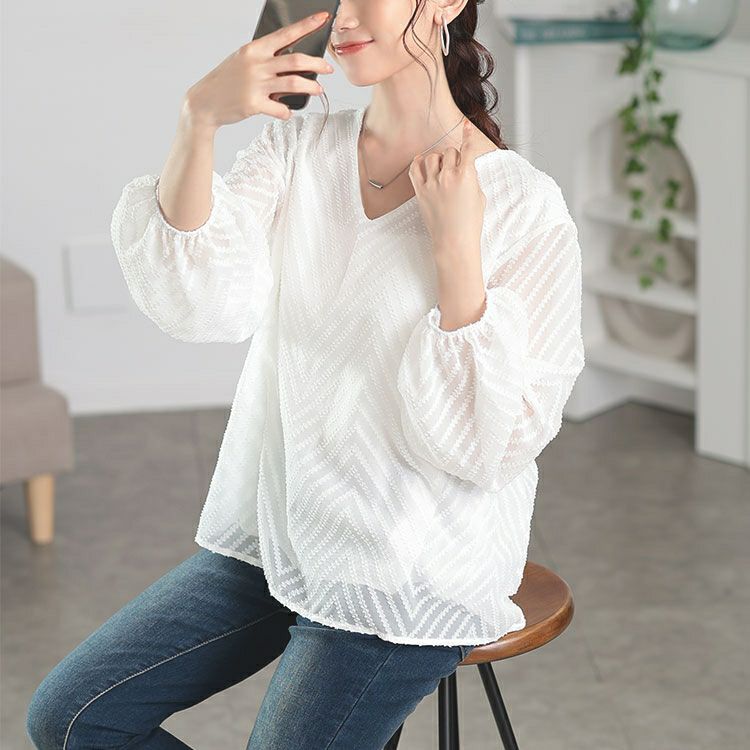 大きいサイズ レディース シアーVネックボリューム袖ブラウス　goldy-1663【メール便可】