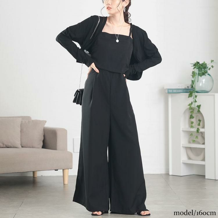 大きいサイズ レディース ショート丈トッパーカーディガン＆ワイドサロペットパンツ2点セット　goldy-1666 ブラック