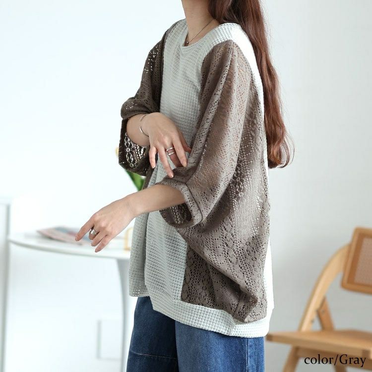 大きいサイズ レディース 配色レース編み切り替えニットドルマン　cast-5554019【メール便可】