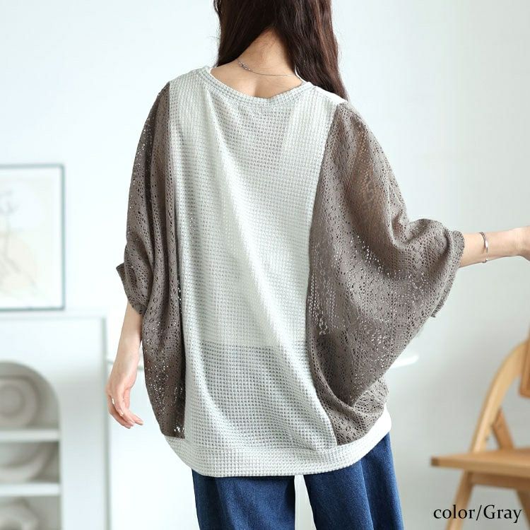 大きいサイズ レディース 配色レース編み切り替えニットドルマン　cast-5554019【メール便可】