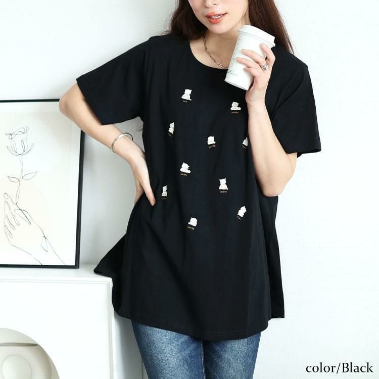 大きいサイズ レディース ネコプリントコットンチュニックカットソー　cast-5554002【メール便可】 ブラック