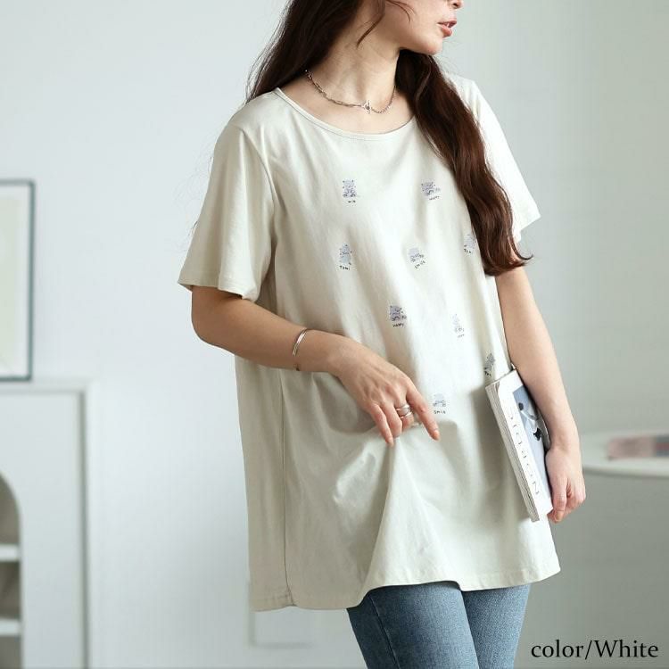 大きいサイズ レディース ネコプリントコットンチュニックカットソー　cast-5554002【メール便可】 ホワイト