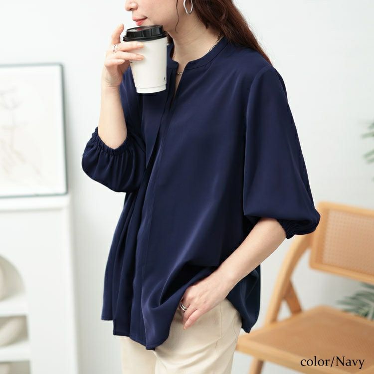 大きいサイズ レディース キーネックタックブラウス　fem-568【メール便可】