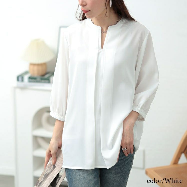 大きいサイズ レディース キーネックタックブラウス　fem-568【メール便可】