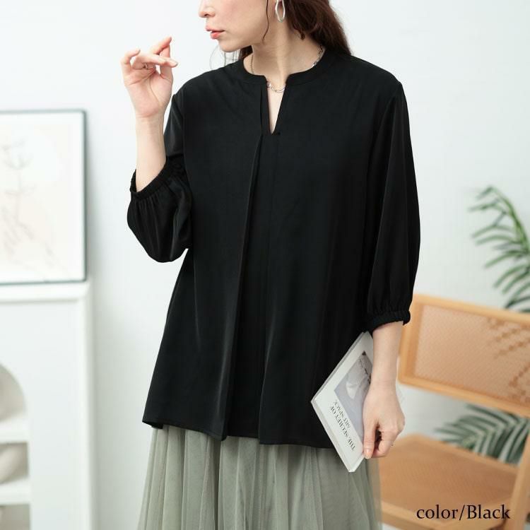 大きいサイズ レディース キーネックタックブラウス　fem-568【メール便可】 ブラック