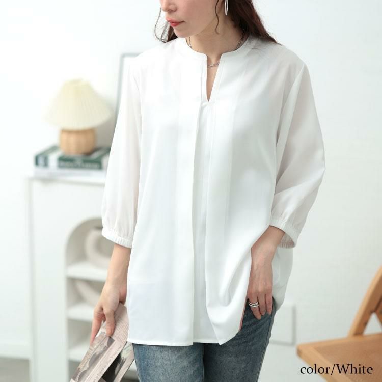 大きいサイズ レディース キーネックタックブラウス　fem-568【メール便可】 ホワイト