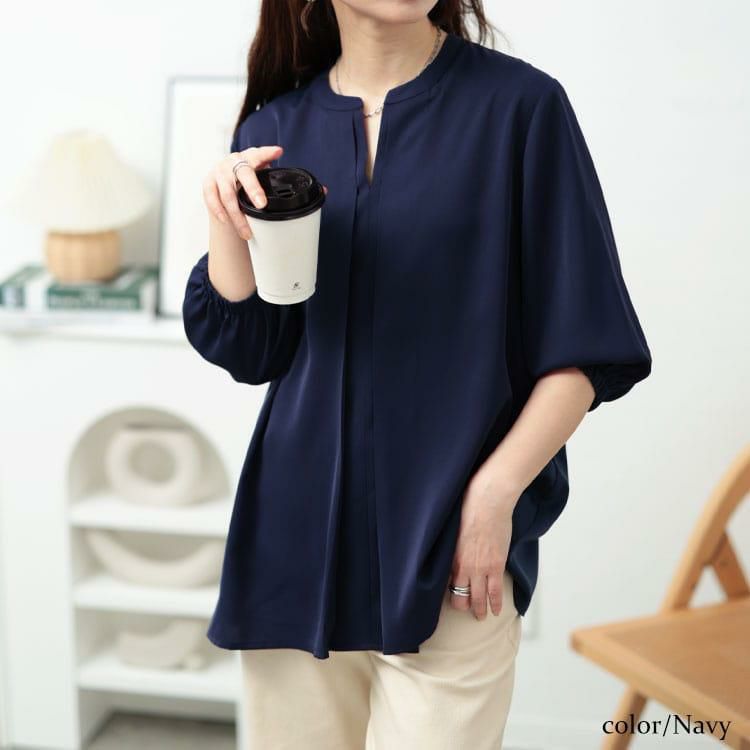 大きいサイズ レディース キーネックタックブラウス　fem-568【メール便可】 ネイビー