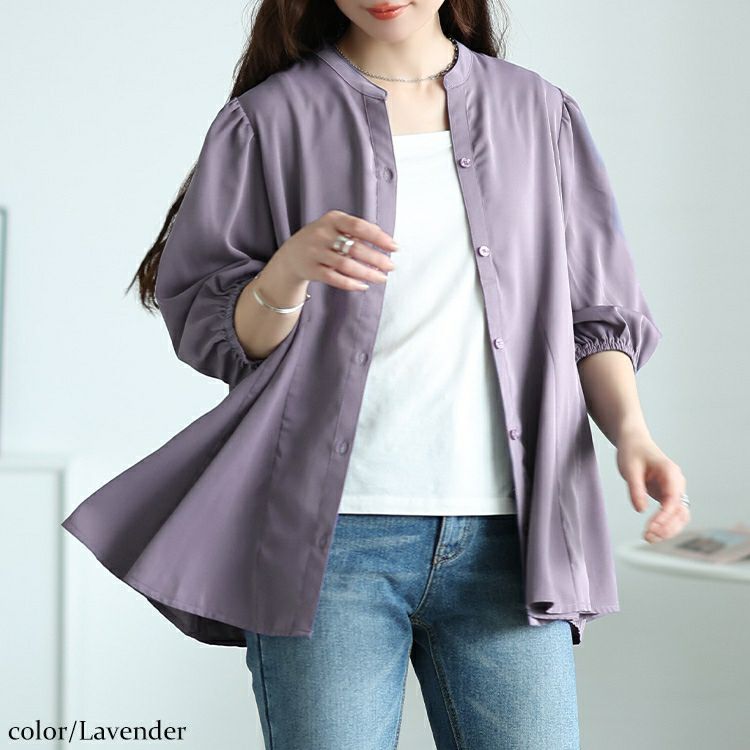 大きいサイズ レディース キーネックボリュームフレアブラウス　fem-569【メール便可】