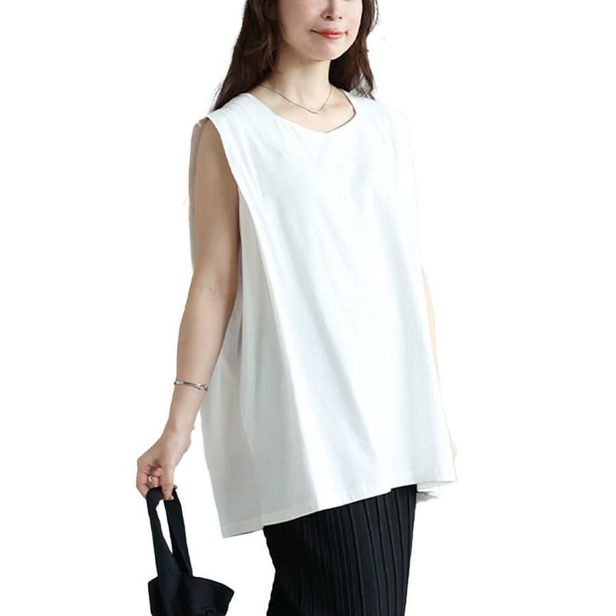大きいサイズ レディース タックショルダーノースリーブチュニック　maru-30149【メール便可】 オフホワイト