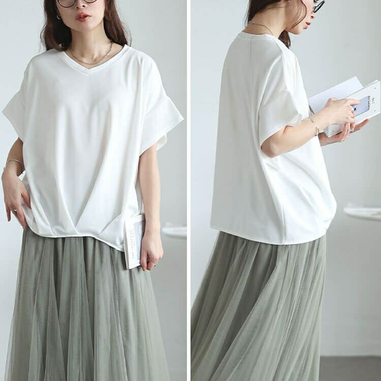 大きいサイズ レディース Vネックタケノコタックカットソー　maru-30147【メール便可】