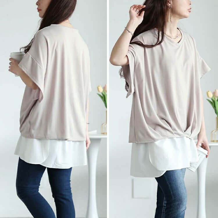 大きいサイズ レディース Vネックタケノコタックカットソー　maru-30147【メール便可】