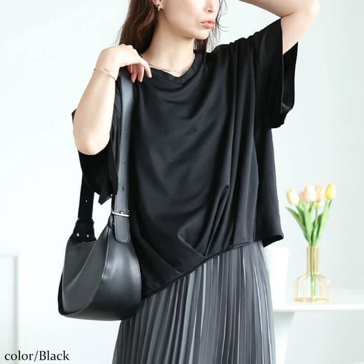 大きいサイズ レディース Vネックタケノコタックカットソー　maru-30147【メール便可】 ブラック