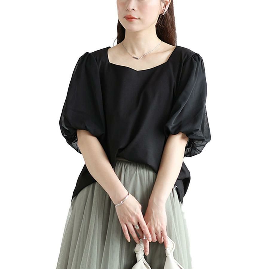 大きいサイズ レディース シフォンバルーンスリーブプルオーバー　maru-30146【メール便可】 ブラック