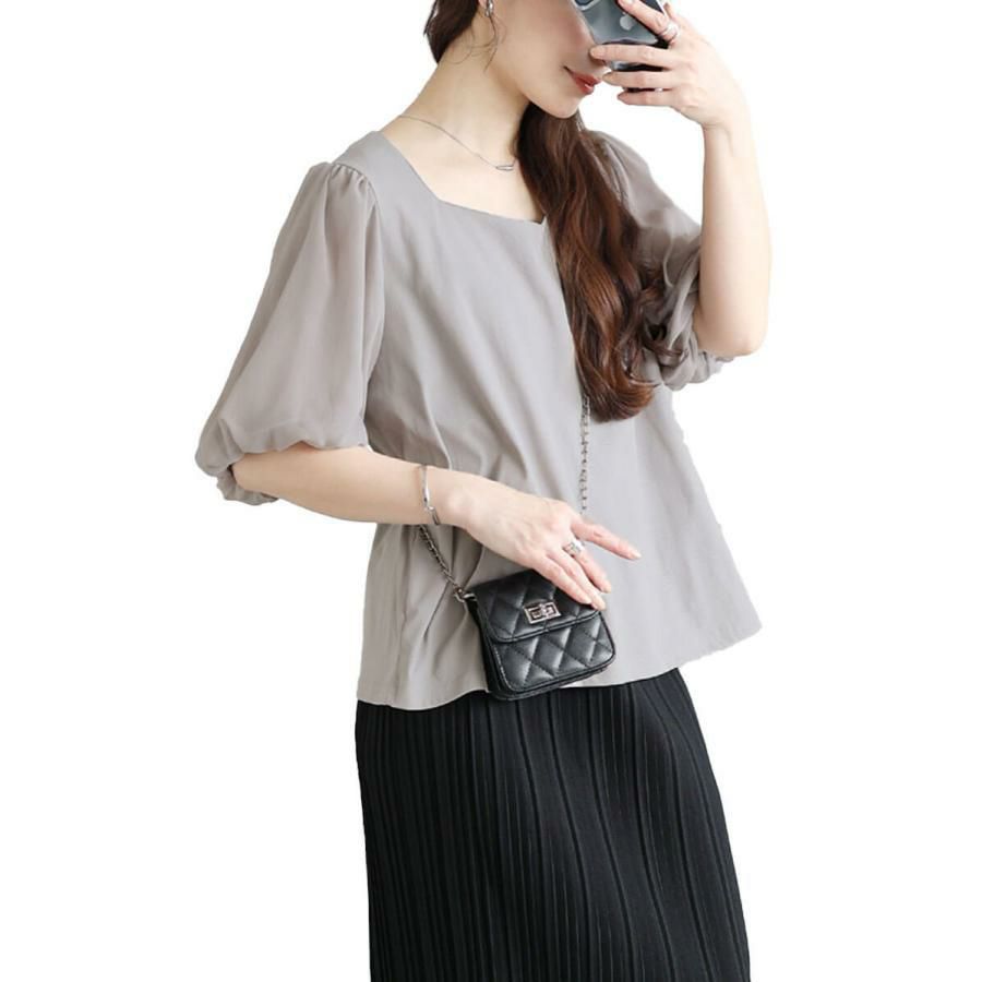 大きいサイズ レディース シフォンバルーンスリーブプルオーバー　maru-30146【メール便可】 グレー