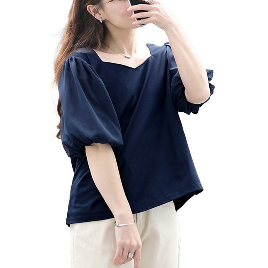 大きいサイズ レディース シフォンバルーンスリーブプルオーバー　maru-30146【メール便可】 ネイビー
