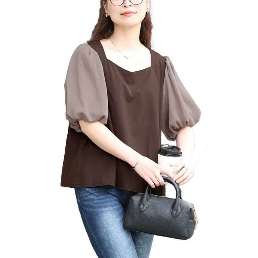 大きいサイズ レディース シフォンバルーンスリーブプルオーバー　maru-30146【メール便可】 ブラウン