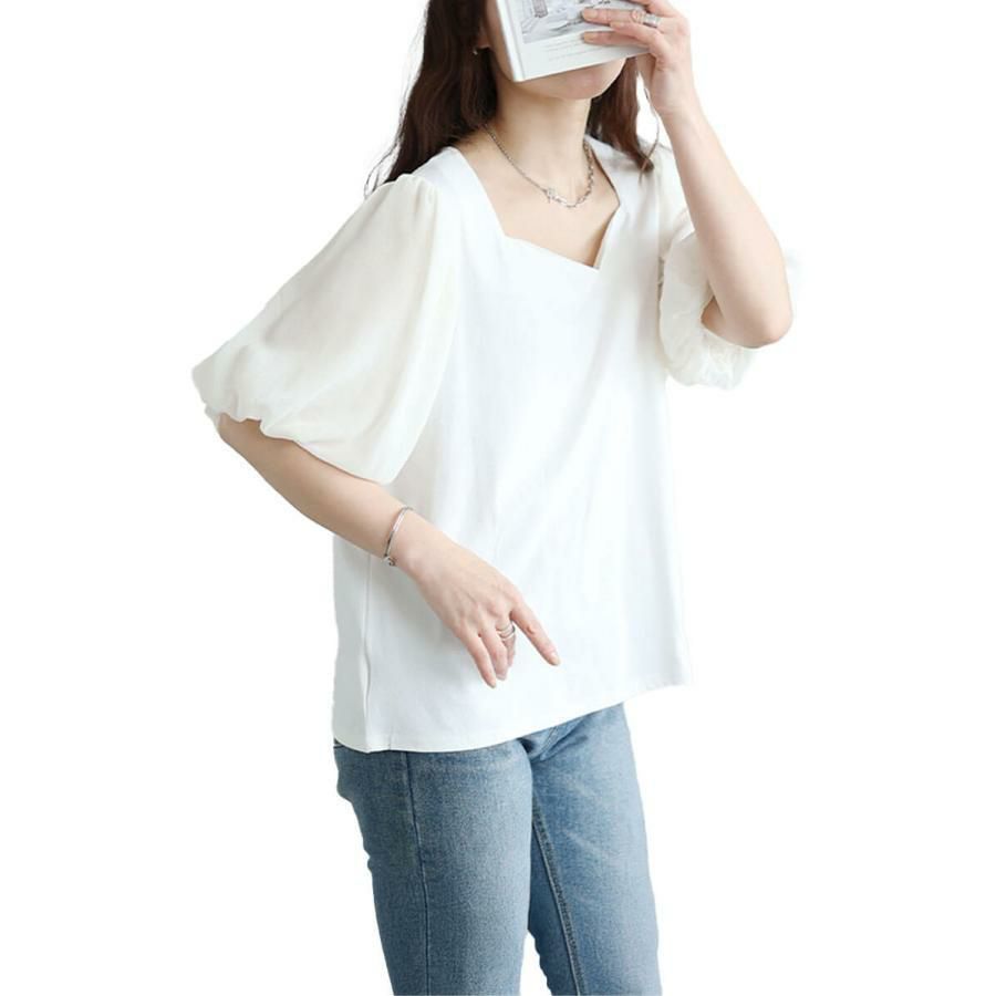 大きいサイズ レディース シフォンバルーンスリーブプルオーバー　maru-30146【メール便可】 オフホワイト