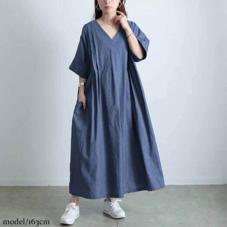 大きいサイズ レディース コットンシャンブレータックワンピース　maru-30144【メール便可】 ブルー