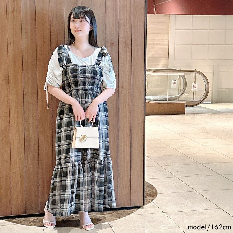 大きいサイズ レディース チェック柄肩リボンワンピース　tani-36818ll