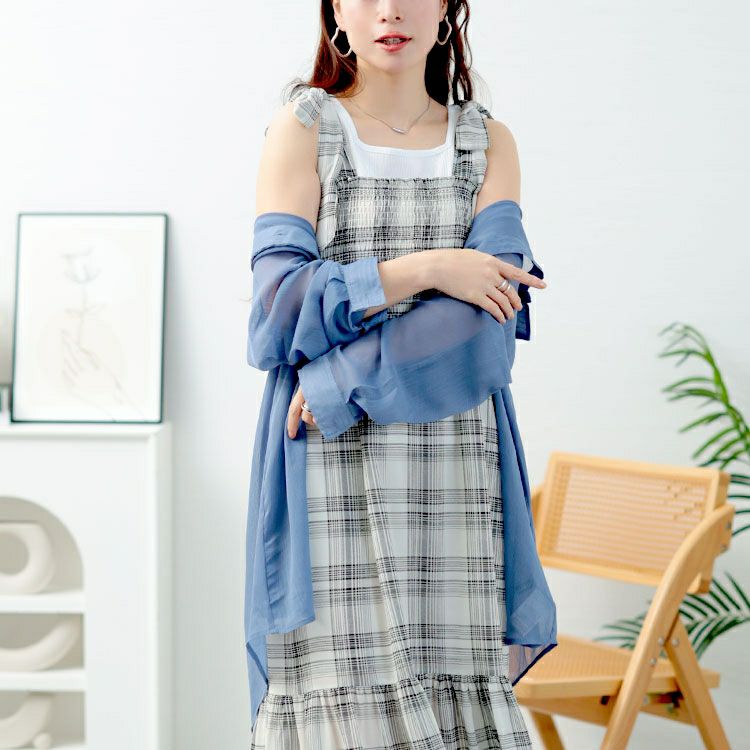 大きいサイズ レディース チェック柄肩リボンワンピース　tani-36818ll