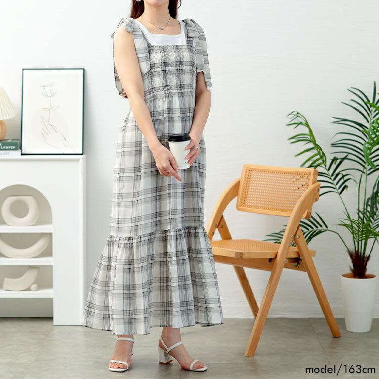 大きいサイズ レディース チェック柄肩リボンワンピース　tani-36818ll